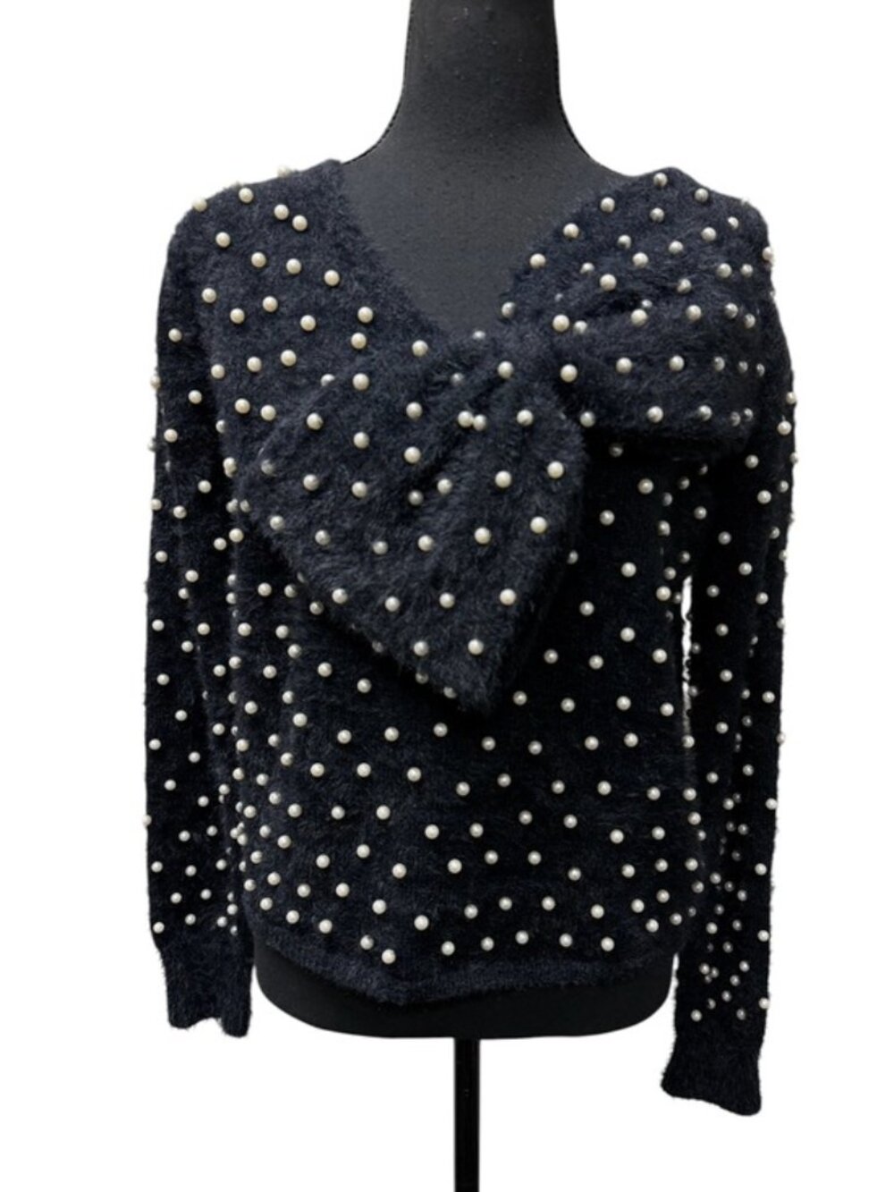 BIBI Black Pearl Embellished Fuzzy Sweater L V Neck Bow Holiday Glam - Picture 2 of 11
